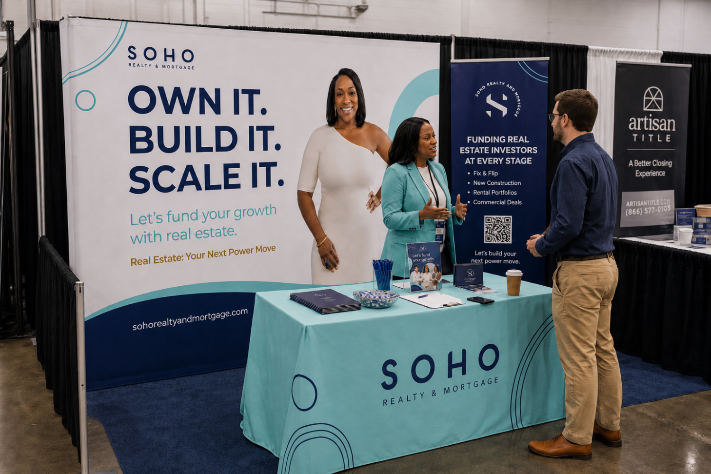 Real estate tradeshow booth with team members actively engaging an attendee on the show floor.