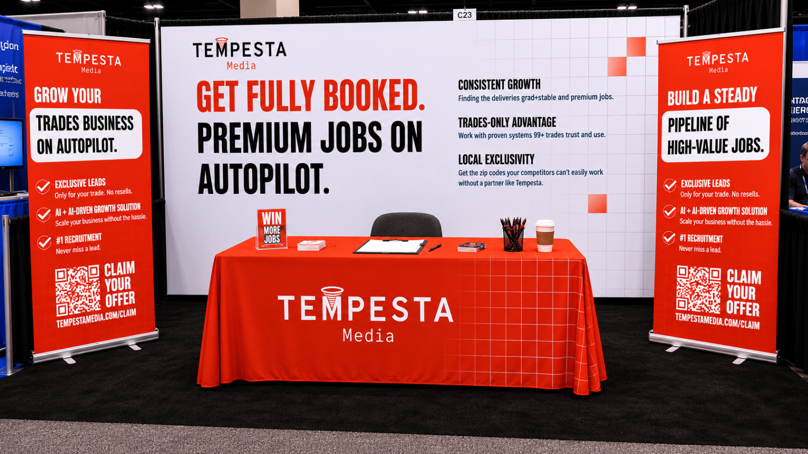 Tempesta Media twenty-foot booth with bold red show graphics and matching banners.