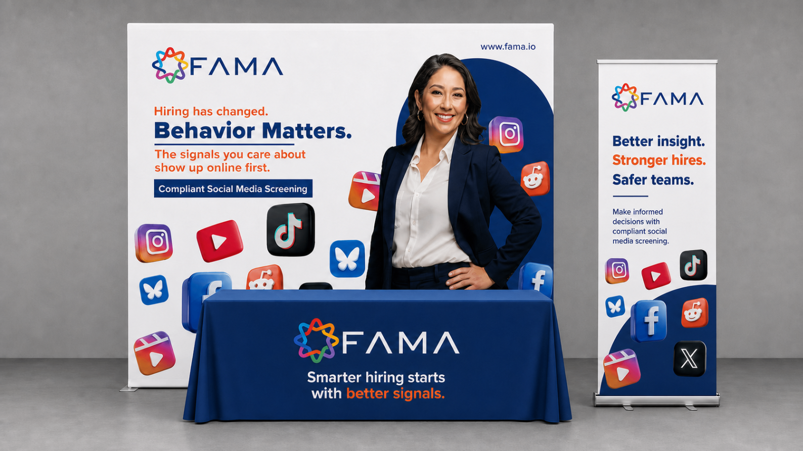 FAMA tradeshow booth with backdrop, table throw, and retractable banner.