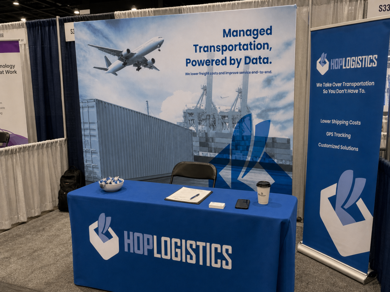 Hop Logistics tradeshow booth with branded backdrop and table setup.