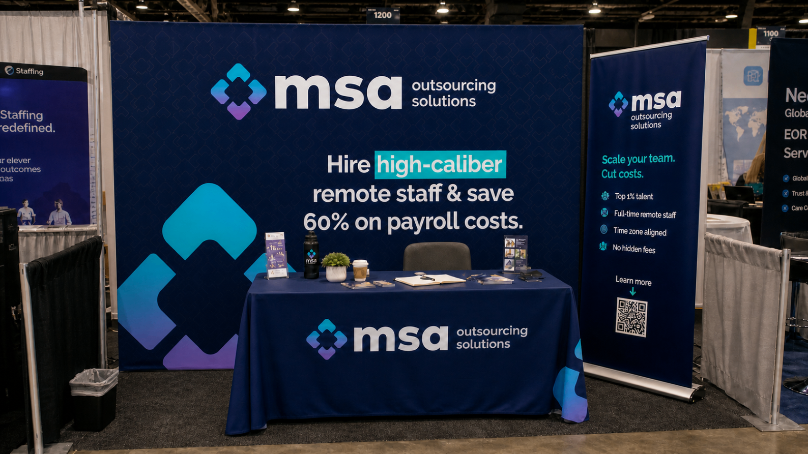 MSA outsourcing solutions booth with full branded display wall and banner.